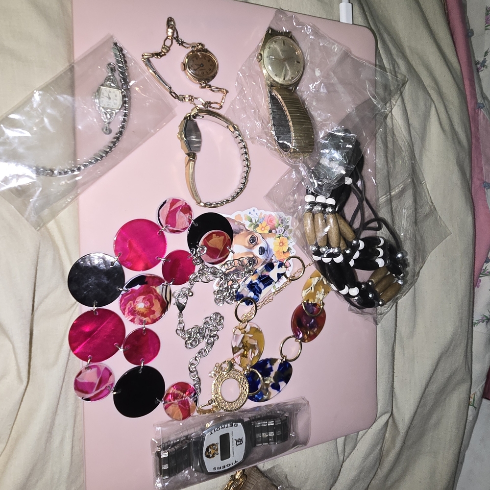 Colorful Jewelry and Watch Set 9 Items. 5 Watches 1 Earring 3 Necklace